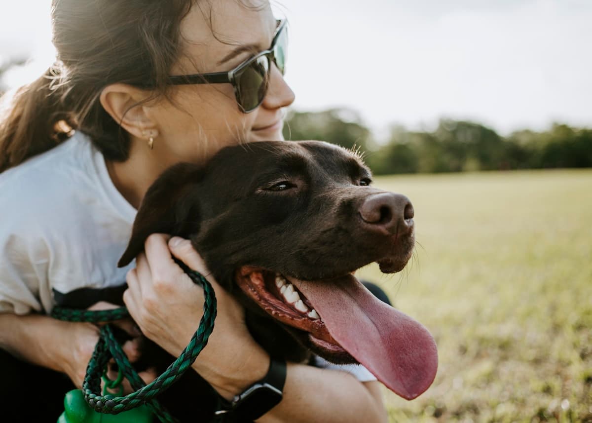 Una persona abrazando a su perro al aire libre